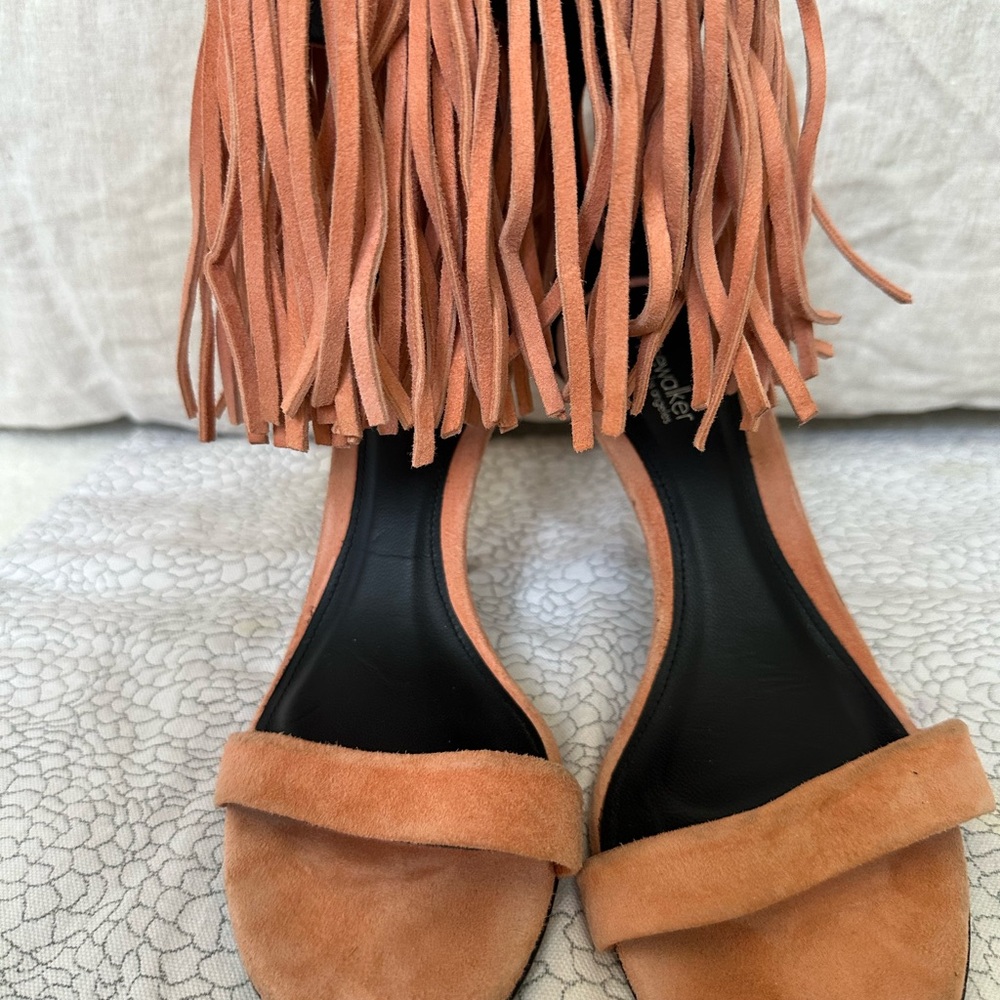 Tan Suede Fringe Heels with Ankle Straps